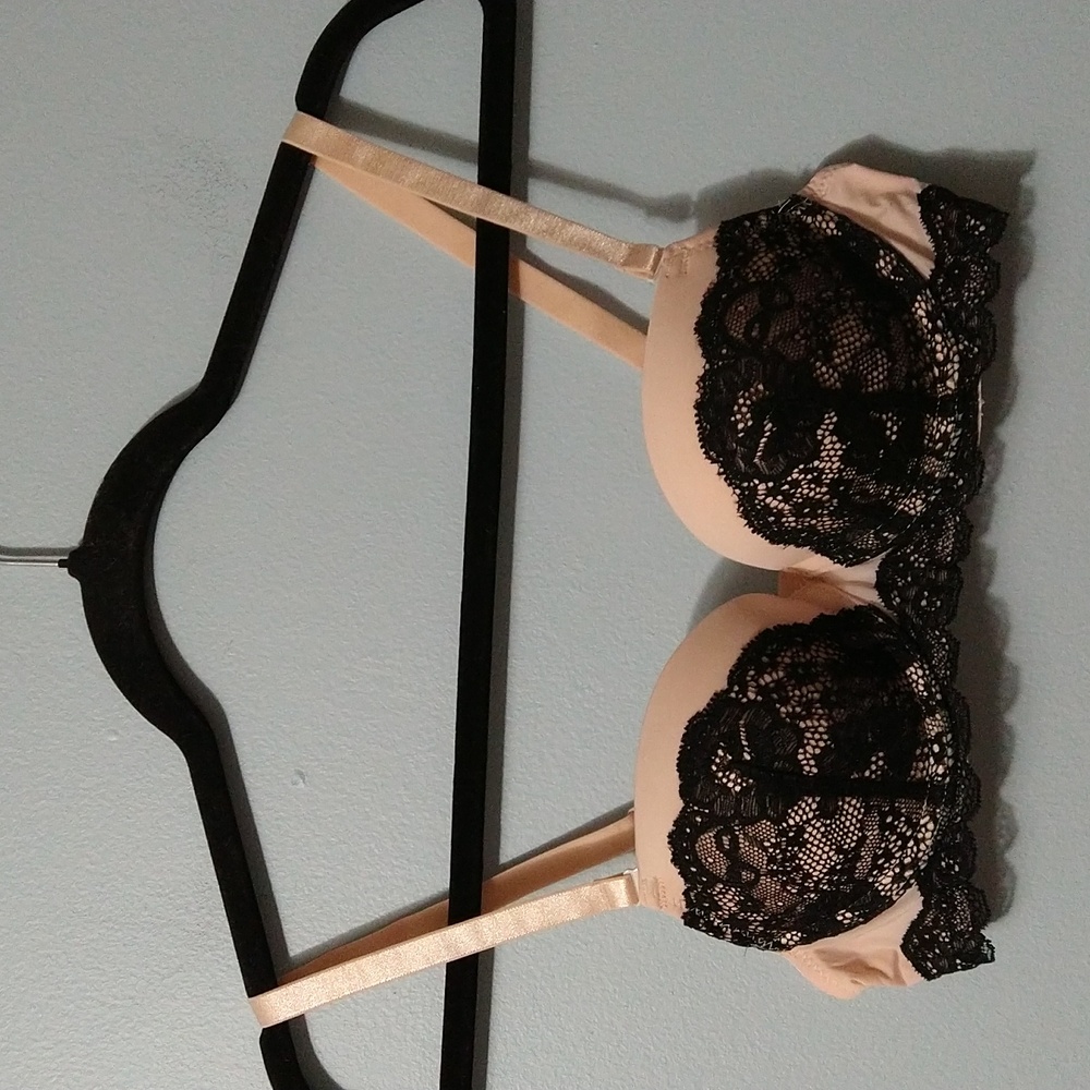 Elegant Black Lace Nude Push Up Underwire Strap/Less Padded Bra Size 32B #1253